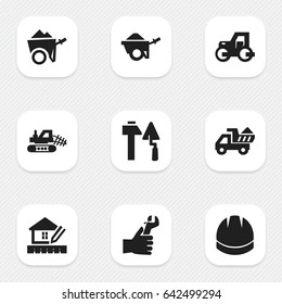 Set Of 9 Editable Construction Icons. Includes Symbols Such As Mule, Construction Tools, Caterpillar And More. Can Be Used For Web, Mobile, UI And Infographic Design.