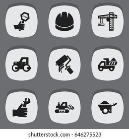 Set Of 9 Editable Construction Icons. Includes Symbols Such As Endurance, Lifting Equipment, Hardhat And More. Can Be Used For Web, Mobile, UI And Infographic Design.