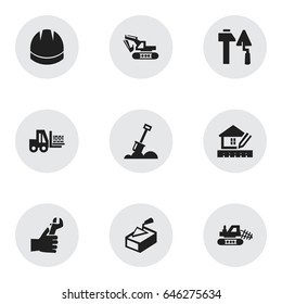 Set Of 9 Editable Construction Icons. Includes Symbols Such As Construction Tools, Mule, Home Scheduling And More. Can Be Used For Web, Mobile, UI And Infographic Design.