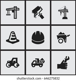 Set Of 9 Editable Construction Icons. Includes Symbols Such As Camion , Hardhat , Hands. Can Be Used For Web, Mobile, UI And Infographic Design.