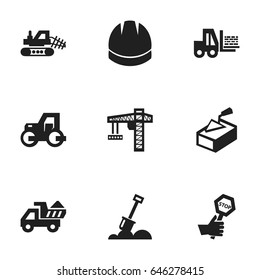 Set Of 9 Editable Construction Icons. Includes Symbols Such As Mule, Hardhat, Spatula And More. Can Be Used For Web, Mobile, UI And Infographic Design.