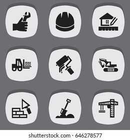 Set Of 9 Editable Construction Icons. Includes Symbols Such As Hardhat, Scrub, Lifting Equipment And More. Can Be Used For Web, Mobile, UI And Infographic Design.