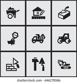 Set Of 9 Editable Construction Icons. Includes Symbols Such As Construction Tools, Camion, Excavation Machine And More. Can Be Used For Web, Mobile, UI And Infographic Design.