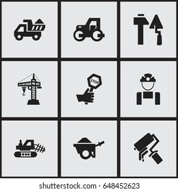 Set Of 9 Editable Construction Icons. Includes Symbols Such As Caterpillar, Employee, Camion And More. Can Be Used For Web, Mobile, UI And Infographic Design.