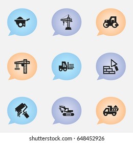 Set Of 9 Editable Construction Icons. Includes Symbols Such As Caterpillar, Lifting Equipment, Camion And More. Can Be Used For Web, Mobile, UI And Infographic Design.