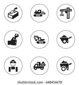 Set Of 9 Editable Construction Icons. Includes Symbols Such As Mule, Handcart ,  Lifting Equipment. Can Be Used For Web, Mobile, UI And Infographic Design.