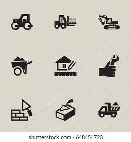 Set Of 9 Editable Construction Icons. Includes Symbols Such As Excavation Machine, Spatula, Camion And More. Can Be Used For Web, Mobile, UI And Infographic Design.