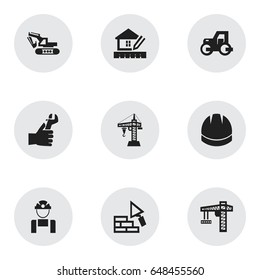 Set Of 9 Editable Construction Icons. Includes Symbols Such As Hands ,  Lifting Equipment, Caterpillar. Can Be Used For Web, Mobile, UI And Infographic Design.