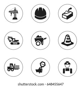 Set Of 9 Editable Construction Icons. Includes Symbols Such As Hardhat, Truck, Elevator And More. Can Be Used For Web, Mobile, UI And Infographic Design.