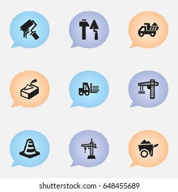Set Of 9 Editable Construction Icons. Includes Symbols Such As Construction Tools, Handcart , Camion. Can Be Used For Web, Mobile, UI And Infographic Design.
