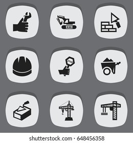 Set Of 9 Editable Construction Icons. Includes Symbols Such As Hardhat, Spatula, Endurance And More. Can Be Used For Web, Mobile, UI And Infographic Design.