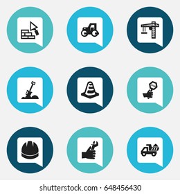 Set Of 9 Editable Construction Icons. Includes Symbols Such As Camion , Hands ,  Lifting Equipment. Can Be Used For Web, Mobile, UI And Infographic Design.