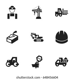 Set Of 9 Editable Construction Icons. Includes Symbols Such As Hardhat, Spatula, Caterpillar And More. Can Be Used For Web, Mobile, UI And Infographic Design.