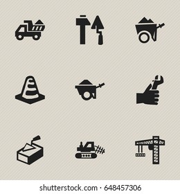 Set Of 9 Editable Construction Icons. Includes Symbols Such As Camion, Mule, Spatula And More. Can Be Used For Web, Mobile, UI And Infographic Design.