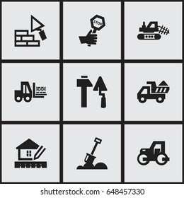 Set Of 9 Editable Construction Icons. Includes Symbols Such As Mule, Oar, Camion And More. Can Be Used For Web, Mobile, UI And Infographic Design.