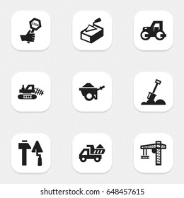 Set Of 9 Editable Construction Icons. Includes Symbols Such As Endurance, Lifting Equipment, Mule And More. Can Be Used For Web, Mobile, UI And Infographic Design.