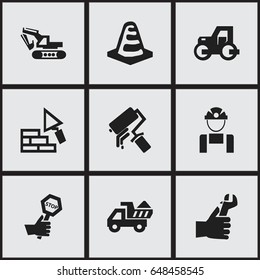 Set Of 9 Editable Construction Icons. Includes Symbols Such As Employee , Hands , Excavation Machine. Can Be Used For Web, Mobile, UI And Infographic Design.