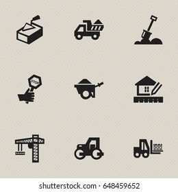 Set Of 9 Editable Construction Icons. Includes Symbols Such As Spatula, Oar, Camion And More. Can Be Used For Web, Mobile, UI And Infographic Design.