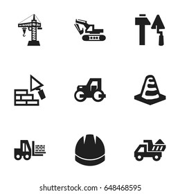 Set Of 9 Editable Construction Icons. Includes Symbols Such As Construction Tools, Excavation Machine, Elevator And More. Can Be Used For Web, Mobile, UI And Infographic Design.