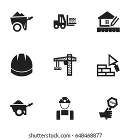 Set Of 9 Editable Construction Icons. Includes Symbols Such As Home Scheduling, Lifting Equipment, Employee And More. Can Be Used For Web, Mobile, UI And Infographic Design.