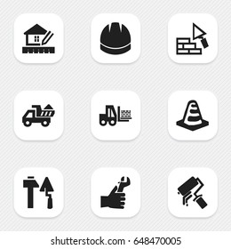 Set Of 9 Editable Construction Icons. Includes Symbols Such As Scrub, Camion, Facing And More. Can Be Used For Web, Mobile, UI And Infographic Design.
