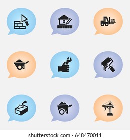 Set Of 9 Editable Construction Icons. Includes Symbols Such As Spatula, Truck, Home Scheduling And More. Can Be Used For Web, Mobile, UI And Infographic Design.