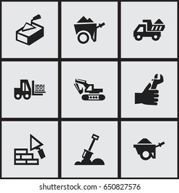 Set Of 9 Editable Construction Icons. Includes Symbols Such As Excavation Machine, Facing, Camion And More. Can Be Used For Web, Mobile, UI And Infographic Design.