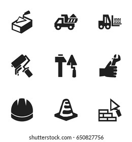 Set Of 9 Editable Construction Icons. Includes Symbols Such As Truck, Scrub, Camion And More. Can Be Used For Web, Mobile, UI And Infographic Design.
