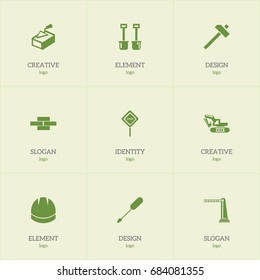 Set Of 9 Editable Construction Icons. Includes Symbols Such As Excavation Machine, Hammer, Hook And More. Can Be Used For Web, Mobile, UI And Infographic Design.