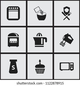 Set of 9 editable cook icons. Includes symbols such as squeezer, microwave, hand mixer. Can be used for web, mobile, UI and infographic design.