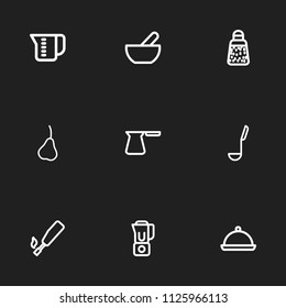 Set of 9 editable cook icons line style. Includes symbols such as pear, ladle, paprika and more. Can be used for web, mobile, UI and infographic design.