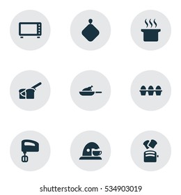 Set Of 9 Editable Cook Icons. Includes Symbols Such As Soup Pot, Agitator, Egg Carton And More. Can Be Used For Web, Mobile, UI And Infographic Design.