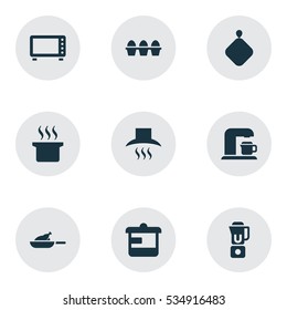 Set Of 9 Editable Cook Icons. Includes Symbols Such As Drink Maker, Oven, Pot-Holder And More. Can Be Used For Web, Mobile, UI And Infographic Design.
