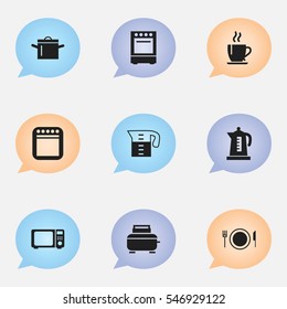 Set Of 9 Editable Cook Icons. Includes Symbols Such As Water Jug, Oven, Wave Oven And More. Can Be Used For Web, Mobile, UI And Infographic Design.