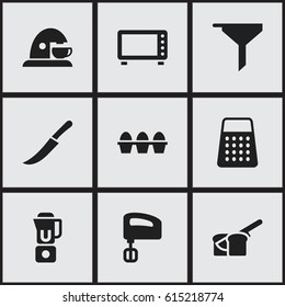 Set Of 9 Editable Cook Icons. Includes Symbols Such As Shredder, Hand Mixer, Egg Carton. Can Be Used For Web, Mobile, UI And Infographic Design.