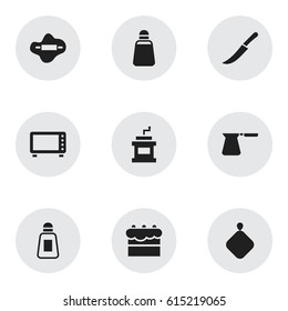 Set Of 9 Editable Cook Icons. Includes Symbols Such As Pastry, Pot-Holder, Mocha Grinder And More. Can Be Used For Web, Mobile, UI And Infographic Design.