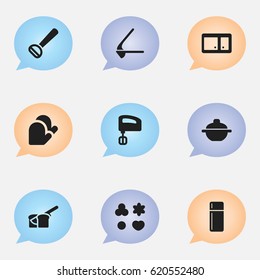 Set Of 9 Editable Cook Icons. Includes Symbols Such As Agitator, Kitchen Glove, Refrigerator And More. Can Be Used For Web, Mobile, UI And Infographic Design.