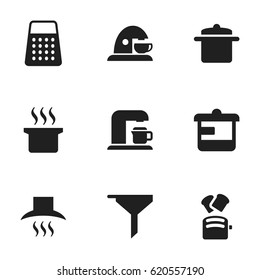 Set Of 9 Editable Cook Icons. Includes Symbols Such As Shredder, Utensil, Filtering And More. Can Be Used For Web, Mobile, UI And Infographic Design.