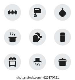 Set Of 9 Editable Cook Icons. Includes Symbols Such As Cookware, Kitchen Hood, Soup Pot And More. Can Be Used For Web, Mobile, UI And Infographic Design.