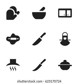Set Of 9 Editable Cook Icons. Includes Symbols Such As Dough, Soup, Kitchen Glove And More. Can Be Used For Web, Mobile, UI And Infographic Design.