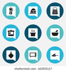 Set Of 9 Editable Cook Icons. Includes Symbols Such As Hand Mixer, Shredder, Soup. Can Be Used For Web, Mobile, UI And Infographic Design.