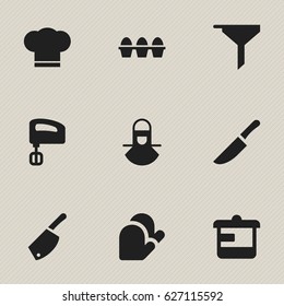 Set Of 9 Editable Cook Icons. Includes Symbols Such As Utensil, Cook Cap, Agitator And More. Can Be Used For Web, Mobile, UI And Infographic Design.