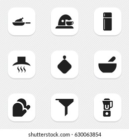 Set Of 9 Editable Cook Icons. Includes Symbols Such As Kitchen Hood, Soup, Grill And More. Can Be Used For Web, Mobile, UI And Infographic Design.