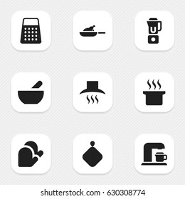 Set Of 9 Editable Cook Icons. Includes Symbols Such As Kitchen Hood, Soup Pot, Shredder And More. Can Be Used For Web, Mobile, UI And Infographic Design.