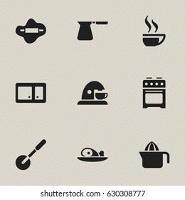 Set Of 9 Editable Cook Icons. Includes Symbols Such As Sideboard, Knife Roller, Coffee Cup And More. Can Be Used For Web, Mobile, UI And Infographic Design.