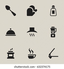 Set Of 9 Editable Cook Icons. Includes Symbols Such As Crusher, Kitchen Hood, Hand Mixer. Can Be Used For Web, Mobile, UI And Infographic Design.