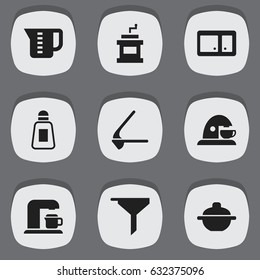 Set Of 9 Editable Cook Icons. Includes Symbols Such As Saucepan, Drink Maker, Saltshaker And More. Can Be Used For Web, Mobile, UI And Infographic Design.
