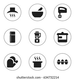Set Of 9 Editable Cook Icons. Includes Symbols Such As Soup Pot, Hand Mixer, Agitator. Can Be Used For Web, Mobile, UI And Infographic Design.