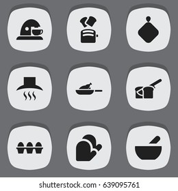 Set Of 9 Editable Cook Icons. Includes Symbols Such As Egg Carton, Pot-Holder, Grill And More. Can Be Used For Web, Mobile, UI And Infographic Design.