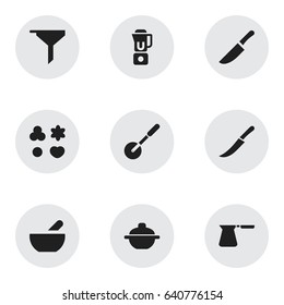 Set Of 9 Editable Cook Icons. Includes Symbols Such As Sword, Saucepan, Hand Mixer. Can Be Used For Web, Mobile, UI And Infographic Design.
